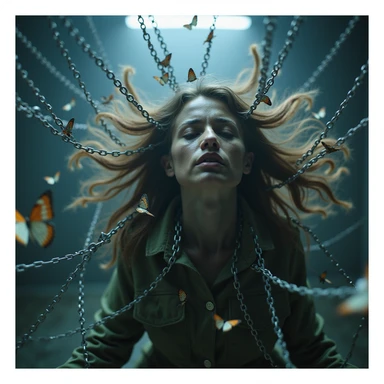 A hyperrealistic 4K image of a woman in zero gravity with hair swirling in confusion, chains of anxiety wrapped around her, face overwhelmed by anxiety, butterflies struggling inside the chains, cold harsh light, atmosphere saturated with anxiety. sticker