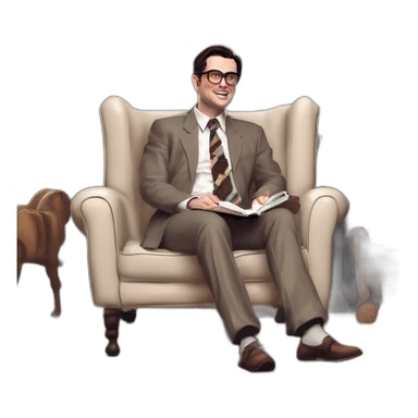 demonstrating his tongue Pale skinned Fit Man With dark brown hair in gray jacket, beige office shirt, Brown pants and vintage glasses sitting In a soft chair with a notebook and a pen sticker