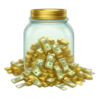 A clear jar overflowing with stacks of cash and gold  sticker