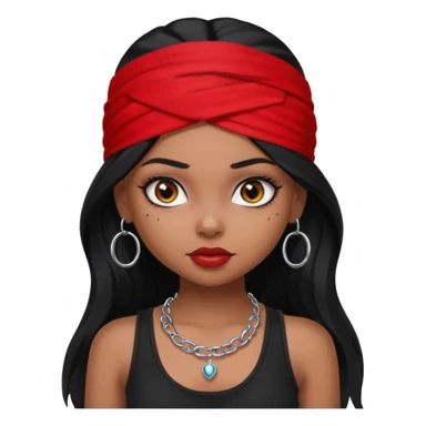 a pretty bratz dusky girl with long black hair, kajal under eyes, small silver hoop. black tank top on. Red bandana on sticker