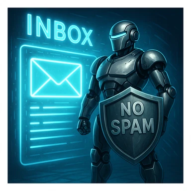A robotic email bouncer agent character, metallic and sleek, with a shield marked 'No Spam', standing in front of a glowing inbox, confident and vigilant sticker