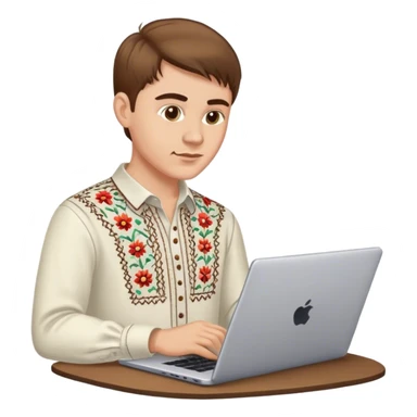 A Ukrainian guy with brown hair in an embroidered shirt works at his laptop sticker