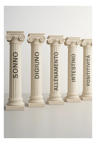 5 pilastri con le scritte "SONNO", "DIGIUNO", "ALLENAMENTO", "INTESTINO", "POSITIVITà" IMMAGINE IPERREALISTICA SFONDO CHIARO IN ITALIANO sticker