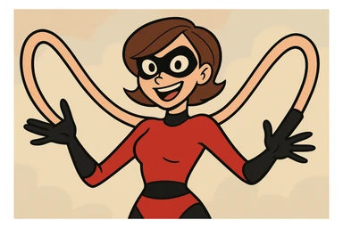 upper body of a cartoon superheroine with elastic arms, wearing a red and black suit, black gloves, and a mask, inspired by animated films sticker