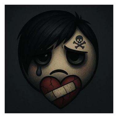 emo emoji, bandaged heart, dark colors, subtle skull or cross motif, emotional expression sticker