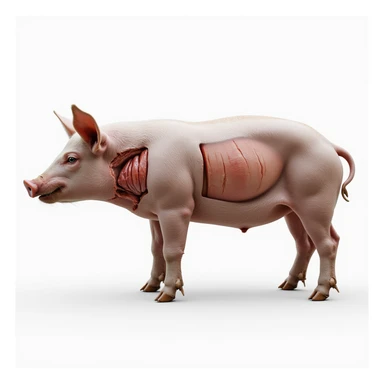 pig in profile view with a transparent anatomical overlay showing the thyroid position in the neck, rest of the body intact, white background, clean educational style, hyperrealistic 4K sticker