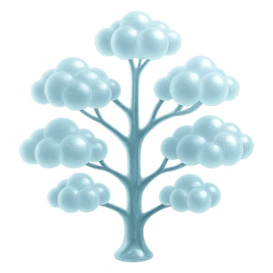 one tree with many branches, each branch covered with small, very bright white, saturated color, fluffy convex clouds, matte glass style sticker