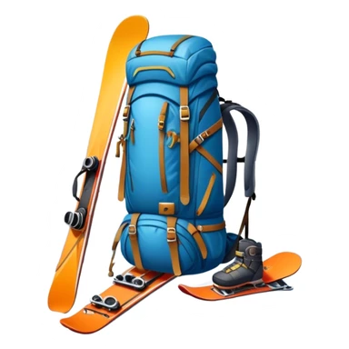 Icon for Mountain Tourism: a snowy peak landscape with skis, a snowboard, climbing equipment, a backpack and a camera. The icon should represent the adventure and excitement of mountain travel and outdoor exploration. Transparent background. sticker