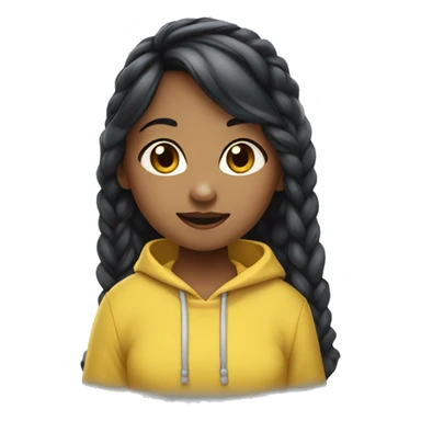 Girl wearing yellow hoodie with black hair (2 braids) and bangs eating blueberries. She is not black or white she is south Asian so light brown sticker