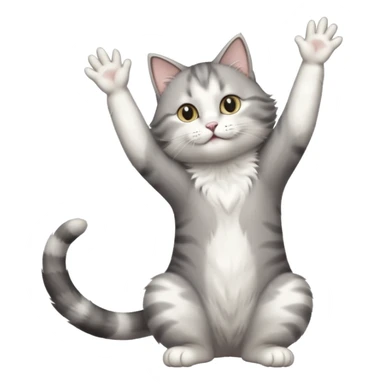 grey and white cat doing a big long stretch reaching up into the air with arms and legs side by side together sticker