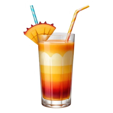 A beautiful cocktail with a gradient from red to orange, topped with mango pudding and lined with a striped straw. sticker