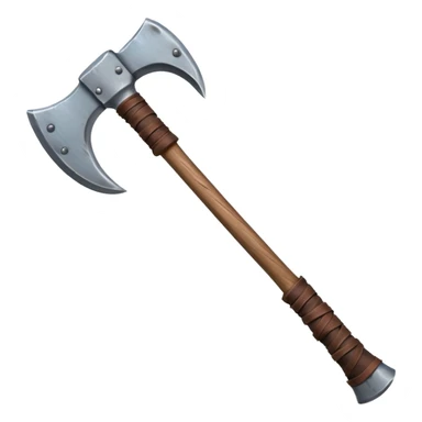 barbarian axe object icon, huge double-bladed axe, rough metal, wooden handle, leather wraps, fantasy style, 3D cartoon, mobile game icon style, centered, clean background, soft shadow, no text, no watermark
 sticker