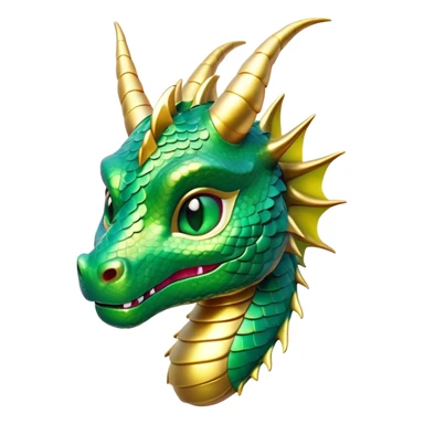 Cinematic Cute Dragon Portrait Emoji, Head tilted playfully and inquisitively, featuring a sleek, serpentine form adorned with iridescent scales that shift between emerald and gold, a delicate set of subtle horns, and round, sparkling eyes full of curious magic; rendered with realistic detail and warm natural light, high shine, affectionate and enchanting, styled with a touch of whimsical fantasy, soft glowing outline, capturing the essence of a mischievous yet lovable dragon that seems poised to slither playfully into your arms! sticker