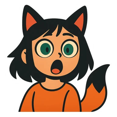 a surprised girl with huge green eyes, black fox ears, and a tail, dark hair sticker