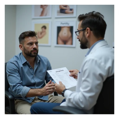 hyperrealistic 4K image of a man in his 30s sitting across from a urologist, showing him semen analysis results with 'azoospermia', urologist explaining, fertility posters on wall, anxious expression, clinical setting sticker