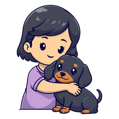 black hair asian girl hugging black dachshund sticker