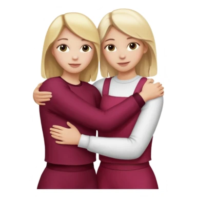 two girls who hug eachother. one has medium blonde hair with blonde highlights and very pale skin , other has medium skintone and blush and blonde hair. girl with medium blonde hair is wearing a white outfit and girl with blonde hair is wearing a burgundy outfit sticker