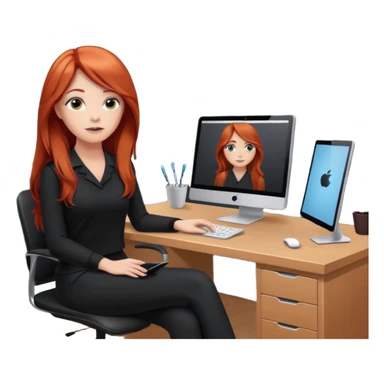 Video call therapy session: red-haired therapist with long hair wearing black minimalist clothing, seated in a professional home office, looking at the webcam; calm, modern teletherapy setting sticker