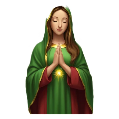 Virgin Mary: kind face looking down at the left, long brown hair, Wearing an emerald green  robe with gold stars and a burgundy red dress,  Hands in prayer or blessing. Halo around her head. standing in front of a big sun. colorful roses on the sides  sticker