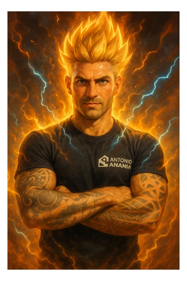 a muscular man with spiky hair stands in a powerful pose, surrounded by a glowing, fiery aura reminiscent of Goku’s Super Saiyan transformation. His eyes are intense and determined, and his body radiates energy and confidence. Lightning bolts and energy waves crackle around him, symbolizing a surge of testosterone and vitality. The background is dramatic, with swirling clouds and vibrant colors. sticker
