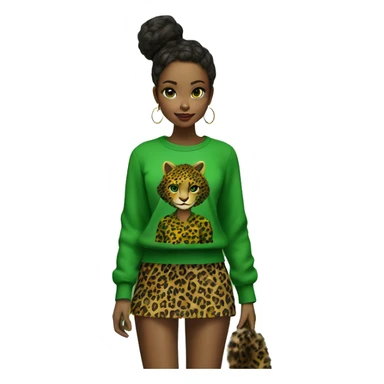 Green girl with panter print top on, panterprint skirt and panterprint fur boots sticker