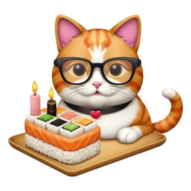 cat with cool square shaped glasses eating a birthday cake made out of sushi sticker