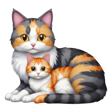 full body large dark grey and white cat cuddling a colourful light patched calico + white tabby cat  sticker