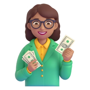 smiling agender emoji with nerdy glasses, holding cash in one hand, gender-neutral, happy vibe sticker