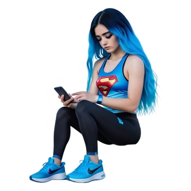 Shameful disappointed crying-very very very very big chest-texting on a samsung cell phone-very long straight flowing black to sky blue hair ombre-blue eyes-black eyeliner-long eyelashes-iridescent sparkling sky blue very low cut tank top with sparkling superman logo-black leggings-nike sneakers sticker
