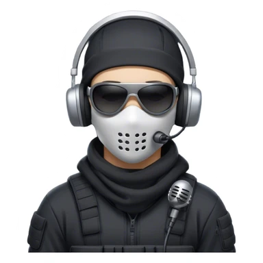 Futuristic special forces soldier wearing a white full-face balaclava, black wraparound sunglasses, and a high-tech military headset with a microphone. Dressed in a dark hoodie. sticker