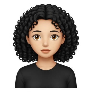 iPhone-style avatar icon of a woman with curly hair, morena complexion, subtle freckles, black shirt, clean and minimal sticker