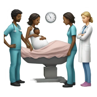 a woman gives birth and doctors stand nearby sticker