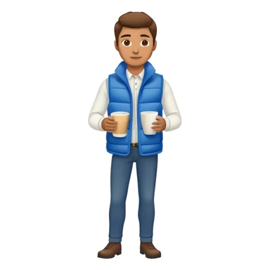 full body man wearing long sleeve white shirt with blue puffy winter vest holding a cup of coffee in front of him sticker