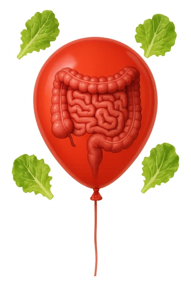 intestino chiuso in un palloncino rosso e foglie di insalata che fluttuano intorno sticker