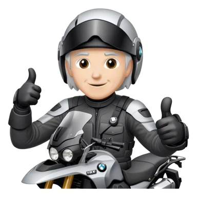 bmw gs  silver 1200 rider with grey hair  no beard giving a thumbs up with a black helmet sticker