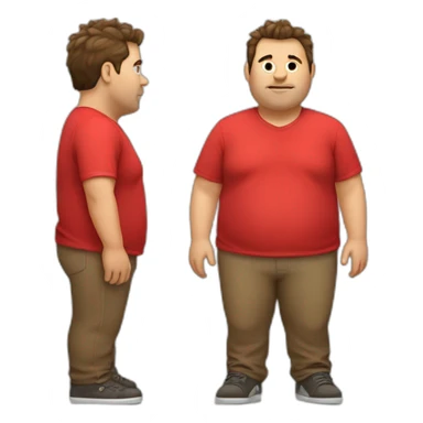 fat guy with a red shirt, brown hair and a Mohican sticker