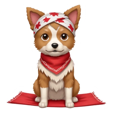 A small scruffy dog wearing a torn bandana, sitting beside a cardboard piece with hopeful gentle eyes.
e Fireplace sticker