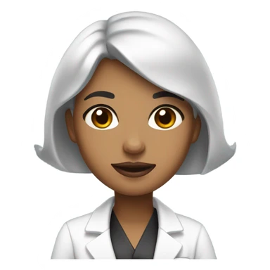 Woman emoji with a short black curled bob parted in the middle. She has a few little moles on her face and light tan skin. she has a lab coat on. she has glossy pink lips and big brown eyes.  sticker