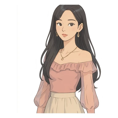 K-pop idol inspired by Blackpink, dreamy atmosphere, soft colors, elegant fashion, ghibli style sticker