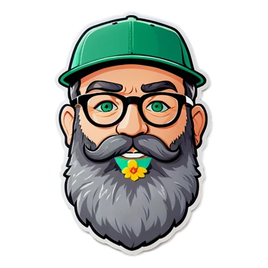 A bold man with a grey baseball cap, green eyes, big beard and glasses, holding flowers sticker