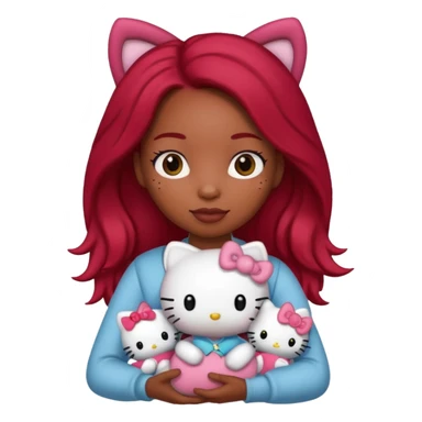 black woman with long brown and red hair, holding a hello kitty plushie  sticker