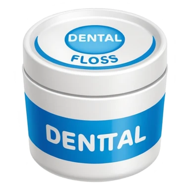 A small round plastic container with the phrase  "dental floss" on it sticker