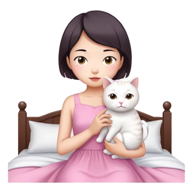 Short hair Asian girl wake up with white cat in pink dress  sticker