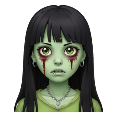 Zumbi girl pretty and Long, straight black hair with bangs, With a nose piercing sticker