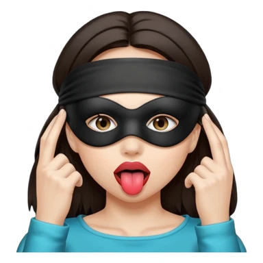 woman with dark brown hair wearing black blind fold completely covering her eyes. tongue out sticker