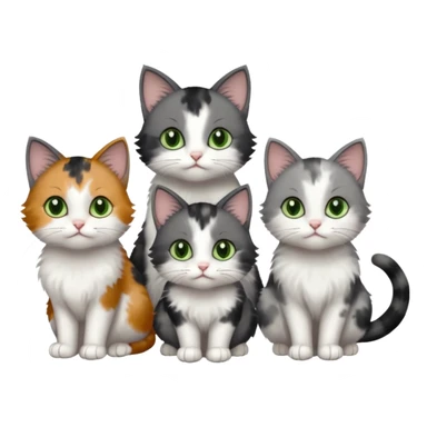 3 different coloured small cats including a dark grey and white, and a patchy calico with hazel eyes and a completely solid dark grey with green eyes and only white paws sticker