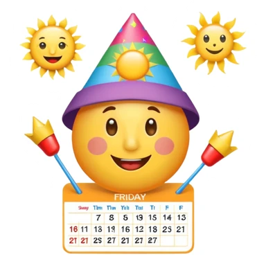 calendar showing Friday with party hat and sun, symbolizing 'Good morning and happy Friday, team!' celebration sticker