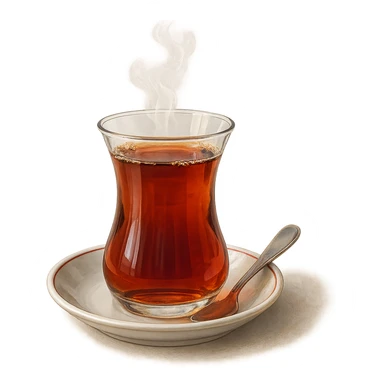 traditional Turkish tea glass with hot tea, tulip-shaped, on a small saucer, with a teaspoon, steam rising, iconic look, detailed, realistic sticker