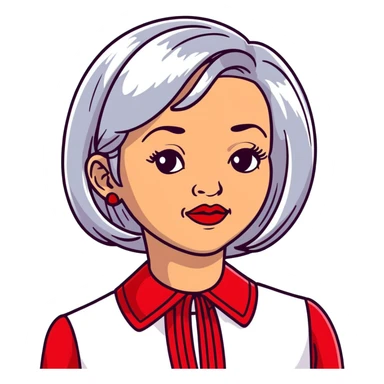 Elegant Hispanic senior woman, 70s, with silver bob haircut, bright complexion, marked cheekbones, almond-shaped hazel eyes, wearing red lipstick and a red structured collar blouse sticker