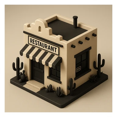isometric exterior of a little southwestern restaurant, black, beige, and white color palette, dollhouse style, 3D realistic sticker